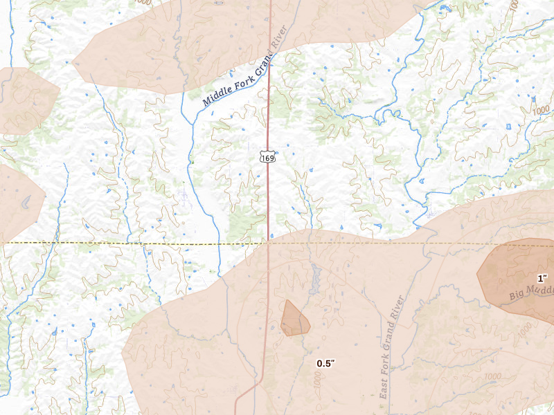 Radar-estimated hail-size map of the storm over Worth, MO on Jun 10, 2026