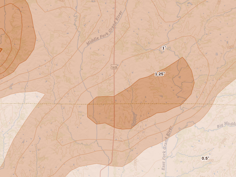 Radar-estimated hail-size map of the storm over Worth, MO on Jun 11, 2026