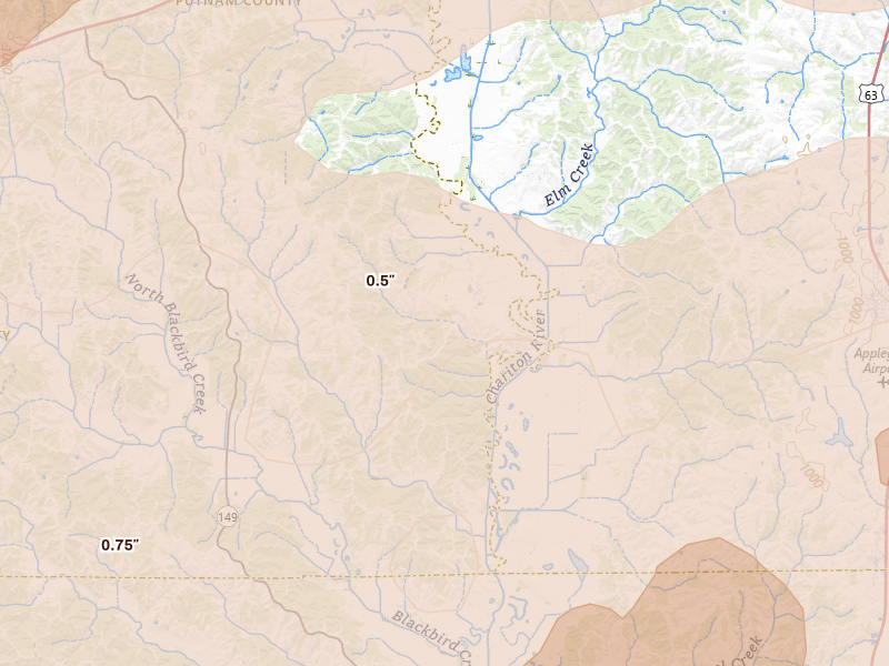 Radar-estimated hail-size map of the storm over Worthington, MO on Jun 11, 2026