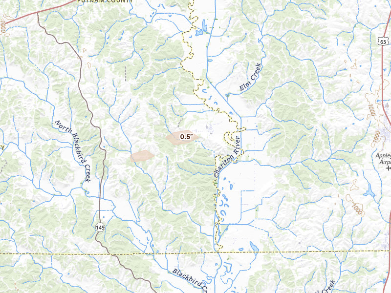 Radar-estimated hail-size map of the storm over Worthington, MO on Jul 3, 2026
