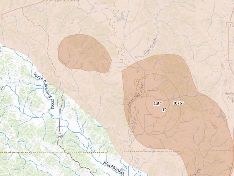 Radar-estimated hail-size map of the storm over Worthington, MO on Jul 20, 2026