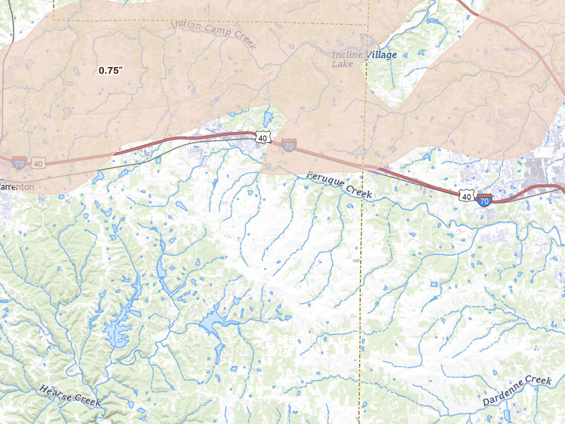 Radar-estimated hail-size map of the storm over Wright City, MO on Apr 27, 2026