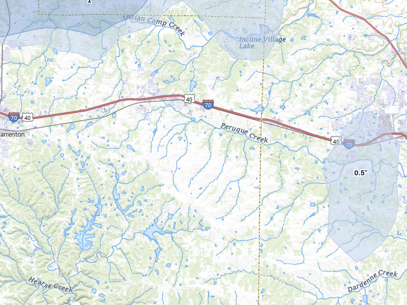 NEXRAD radar-signature map of the hail storm over Wright City, MO on Jul 10, 2026