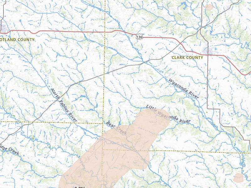 Radar-estimated hail-size map of the storm over Wyaconda, MO on Apr 17, 2026