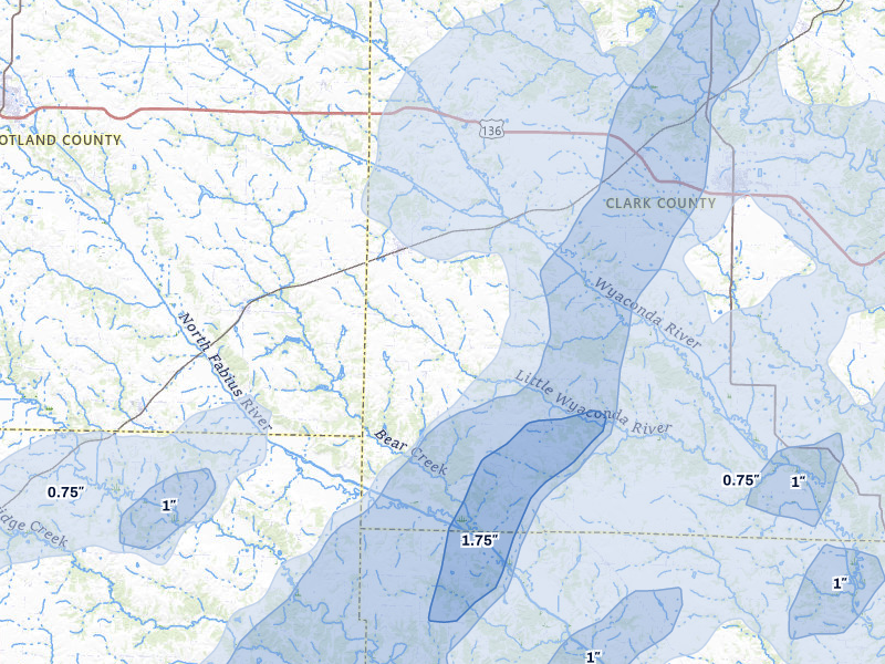 NEXRAD radar-signature map of the hail storm over Wyaconda, MO on Apr 17, 2026
