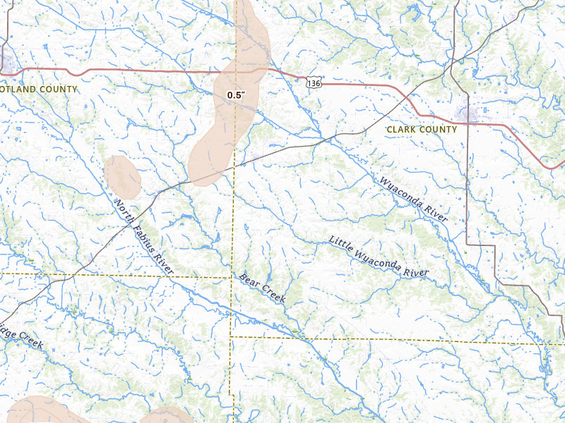 Radar-estimated hail-size map of the storm over Wyaconda, MO on May 16, 2026