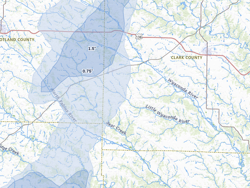 NEXRAD radar-signature map of the hail storm over Wyaconda, MO on May 16, 2026