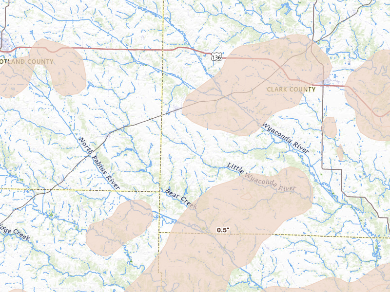 Radar-estimated hail-size map of the storm over Wyaconda, MO on Jun 10, 2026