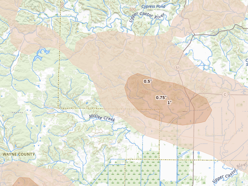Radar-estimated hail-size map of the storm over Zalma, MO on Jul 9, 2026