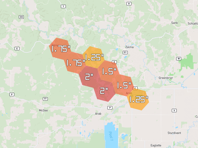 Hail map of Zalma, MO on Jul 9, 2026, hail up to 2"