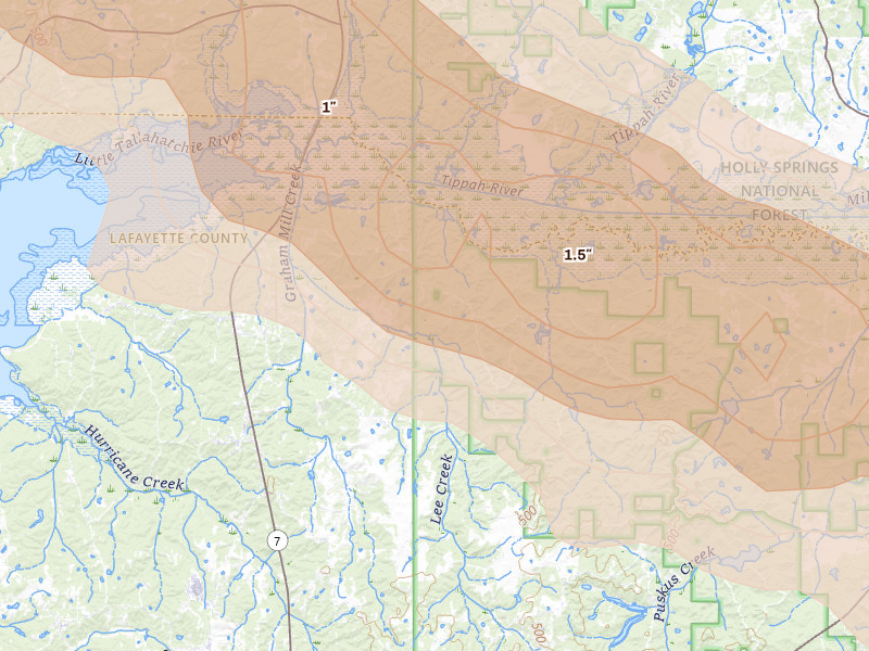 Radar-estimated hail-size map of the storm over Abbeville, MS on Feb 26, 2026