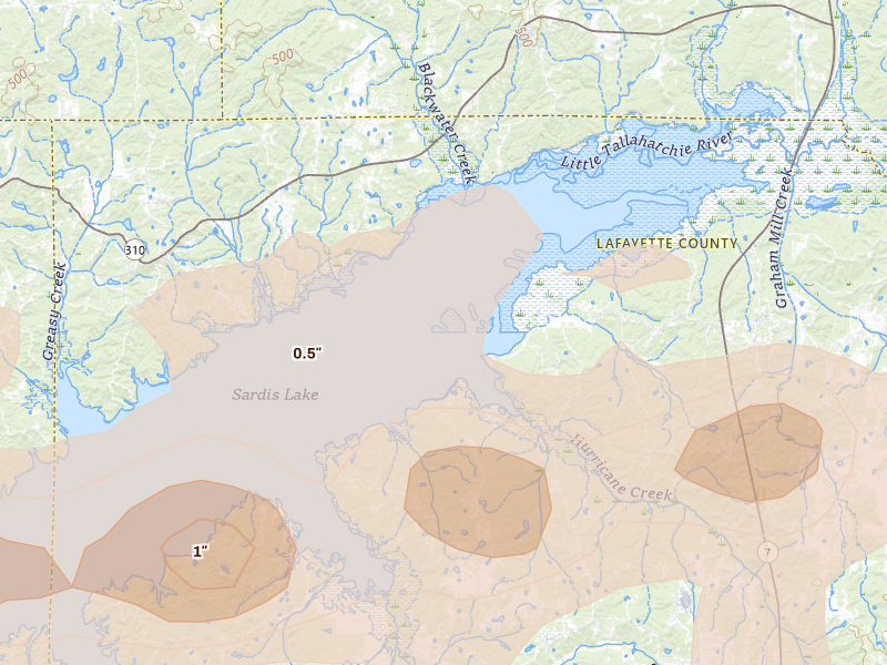 Radar-estimated hail-size map of the storm over Abbeville, MS on Apr 28, 2026