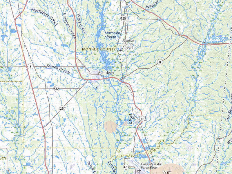 Radar-estimated hail-size map of the storm over Aberdeen, MS on Feb 26, 2026