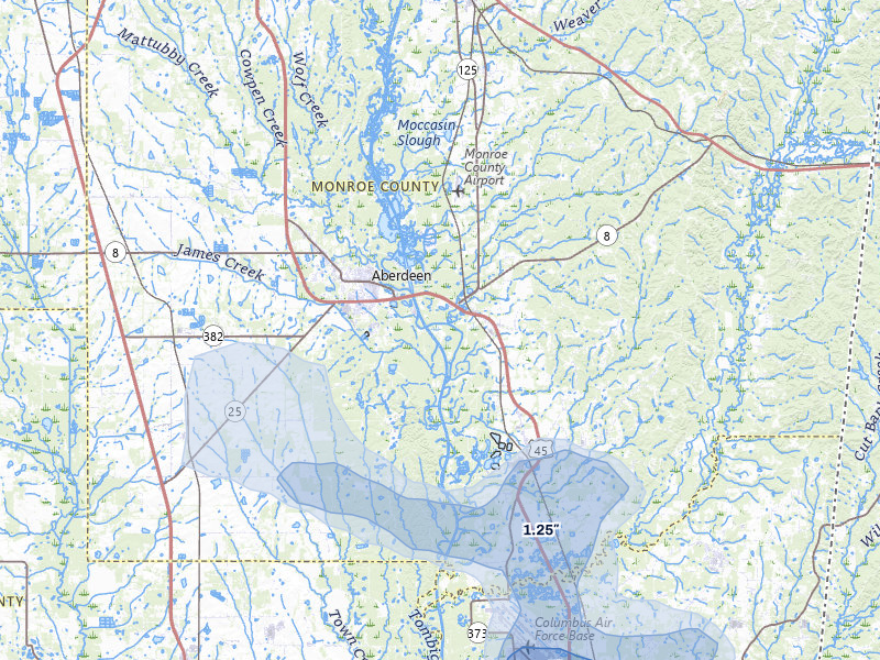 NEXRAD radar-signature map of the hail over Aberdeen, MS