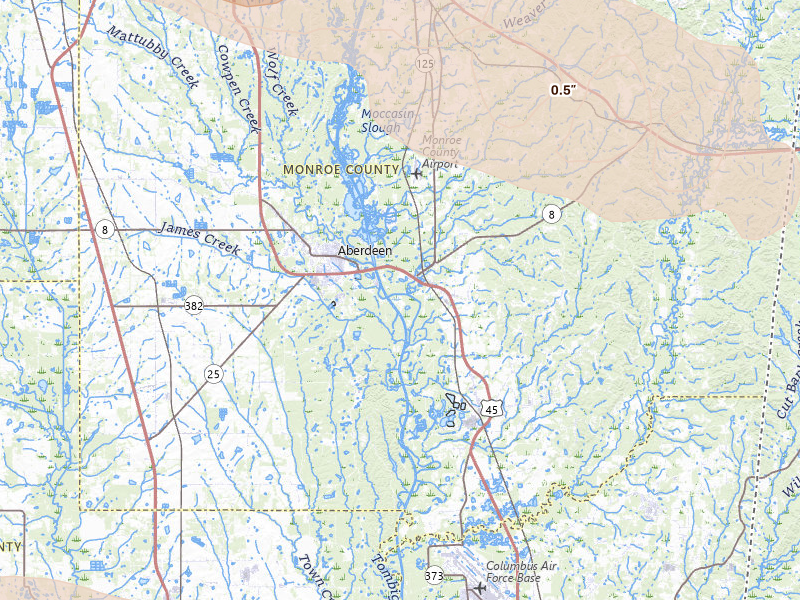 Radar-estimated hail-size map of the storm over Aberdeen, MS