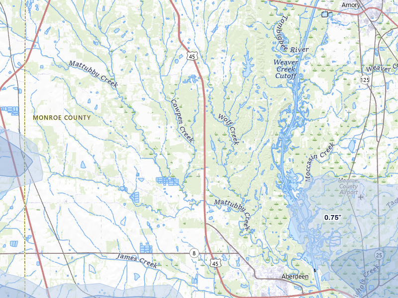 NEXRAD radar-signature map of the hail storm over Aberdeen, MS on Apr 28, 2026