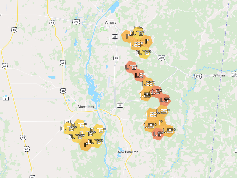 Hail map of Aberdeen, MS on Jun 1, 2026, hail up to 1.75"