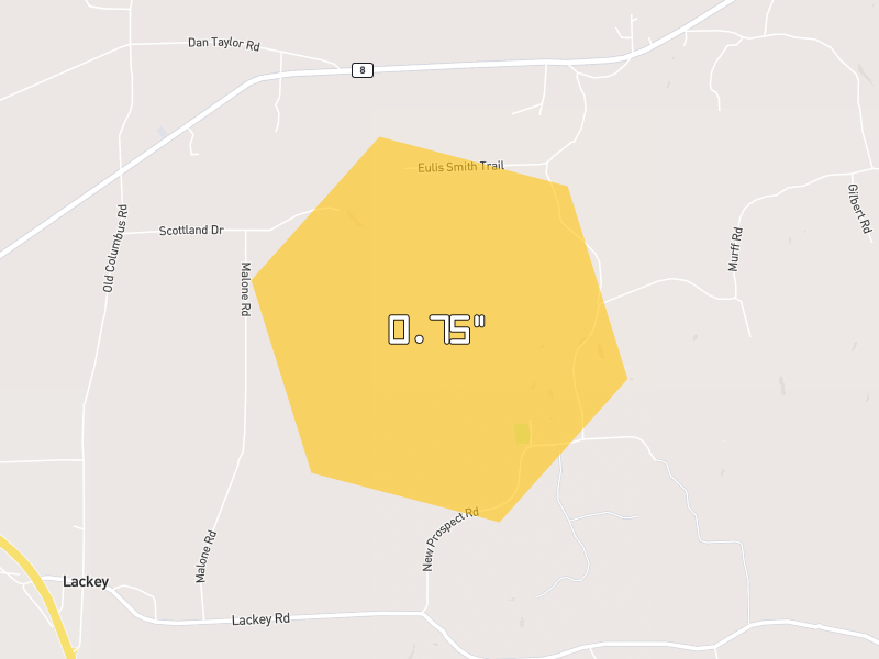 Hail map of Aberdeen, MS on Jun 2, 2026, hail up to 0.75"