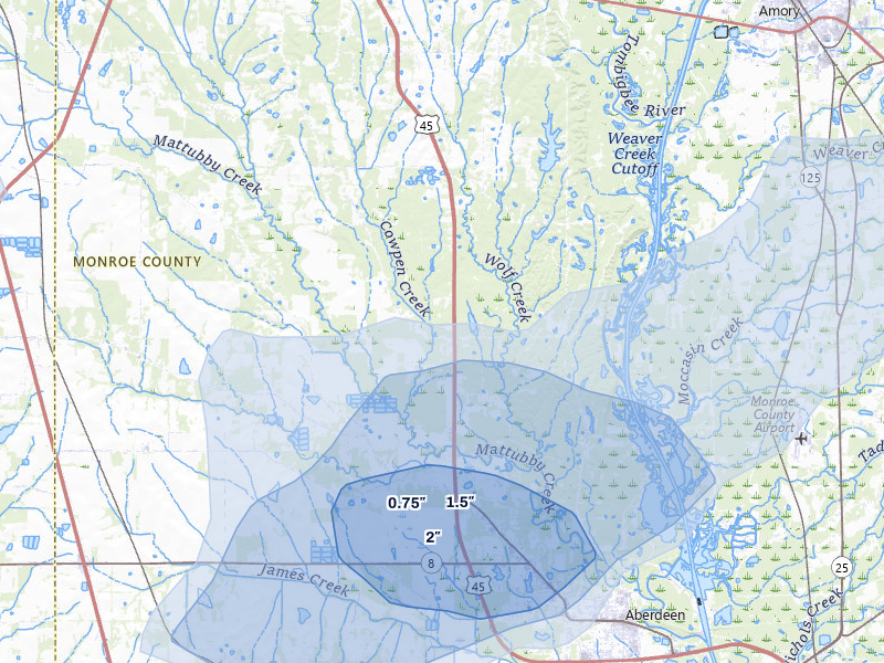 NEXRAD radar-signature map of the hail storm over Aberdeen, MS on Jul 1, 2026
