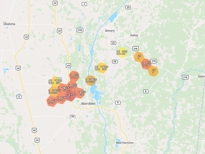 Hail map of Aberdeen, MS on Jul 1, 2026, hail up to 2"