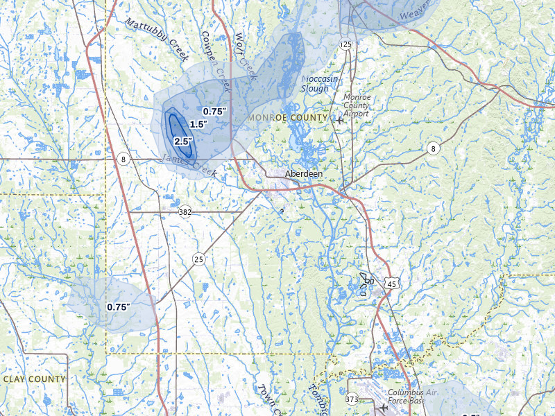 NEXRAD radar-signature map of the hail storm over Aberdeen, MS on Aug 8, 2026