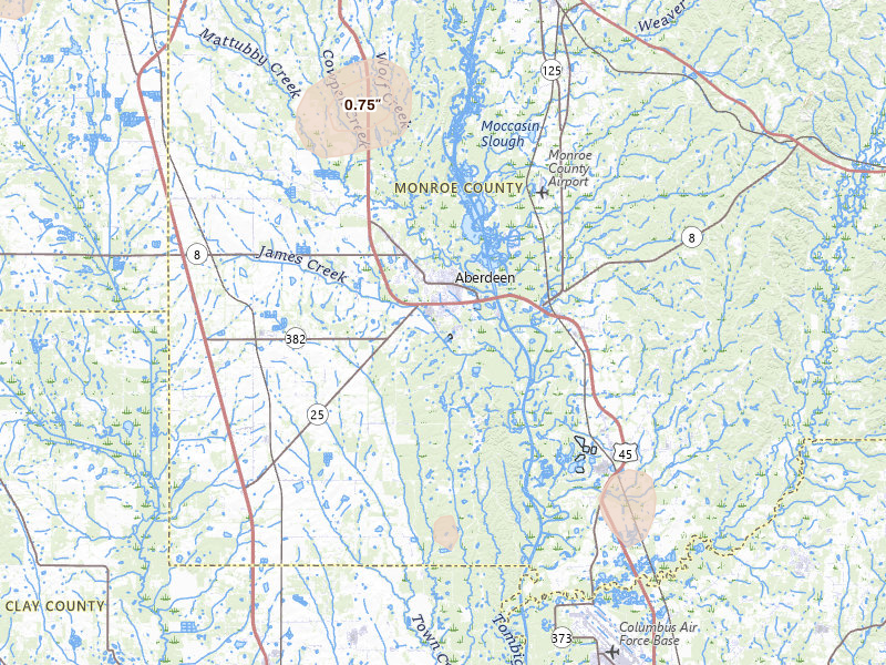 Radar-estimated hail-size map of the storm over Aberdeen, MS on Aug 9, 2026