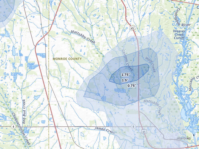 NEXRAD radar-signature map of the hail storm over Aberdeen, MS on Aug 9, 2026