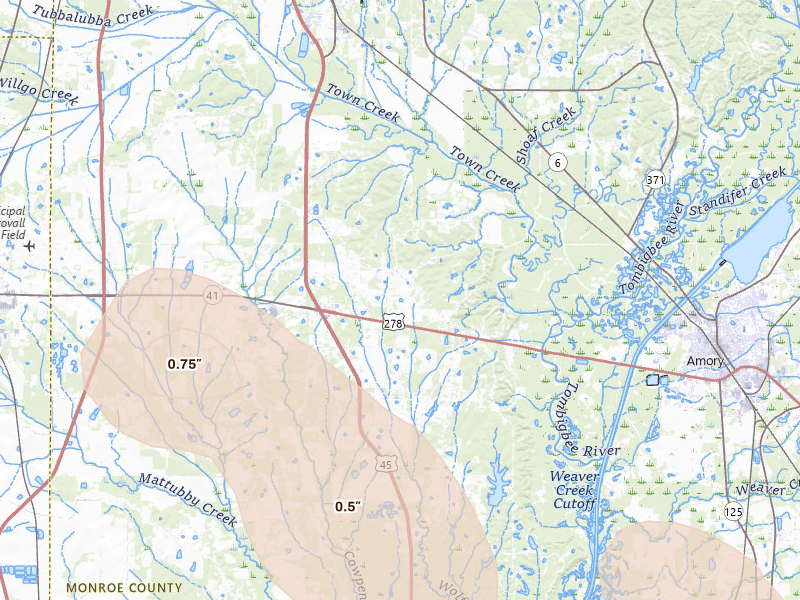 Radar-estimated hail-size map of the storm over Aberdeen, MS on Aug 22, 2026