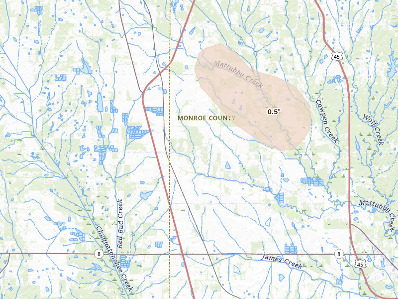 Radar-estimated hail-size map of the storm over Aberdeen, MS on Aug 26, 2026