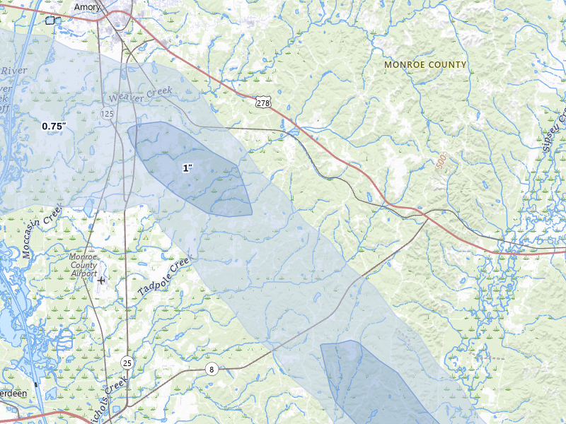 NEXRAD radar-signature map of the hail storm over Aberdeen, MS on Aug 26, 2026