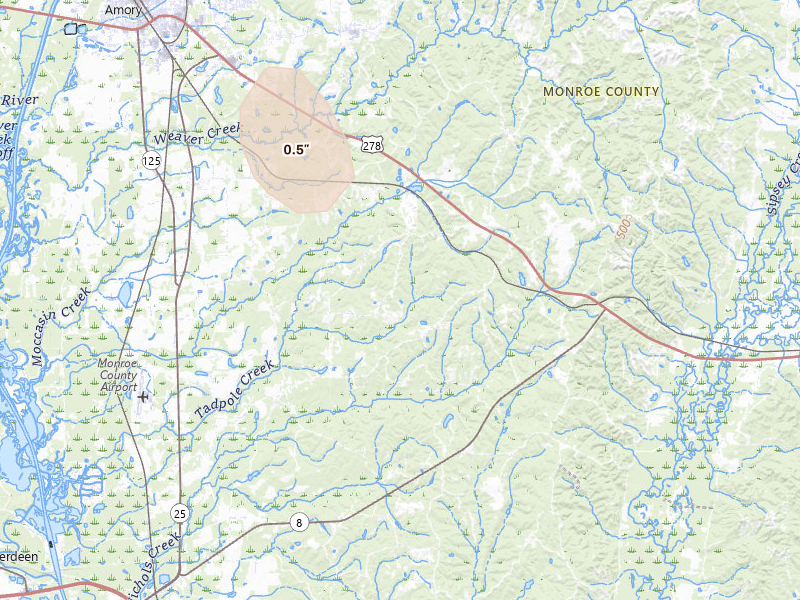 Radar-estimated hail-size map of the storm over Aberdeen, MS on Sep 3, 2026