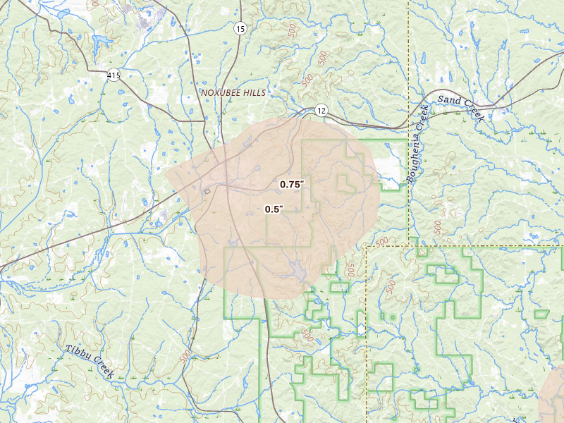 Radar-estimated hail-size map of the storm over Ackerman, MS on Jun 1, 2026