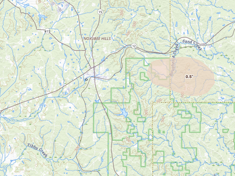 Radar-estimated hail-size map of the storm over Ackerman, MS on Jul 12, 2026