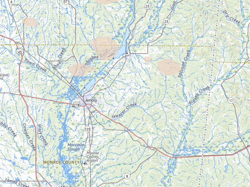 Radar-estimated hail-size map of the storm over Amory, MS on Feb 26, 2026