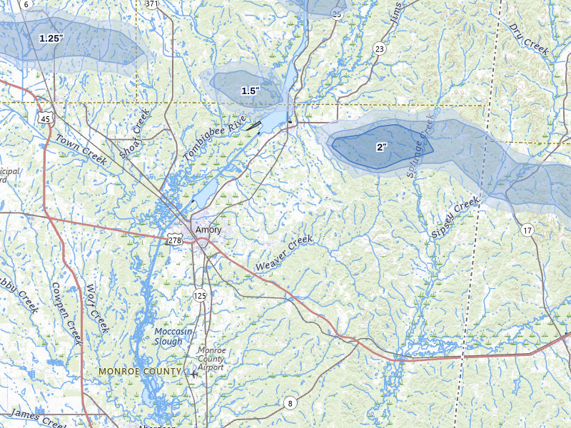 NEXRAD radar-signature map of the hail over Amory, MS