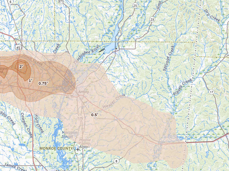 Radar-estimated hail-size map of the storm over Amory, MS