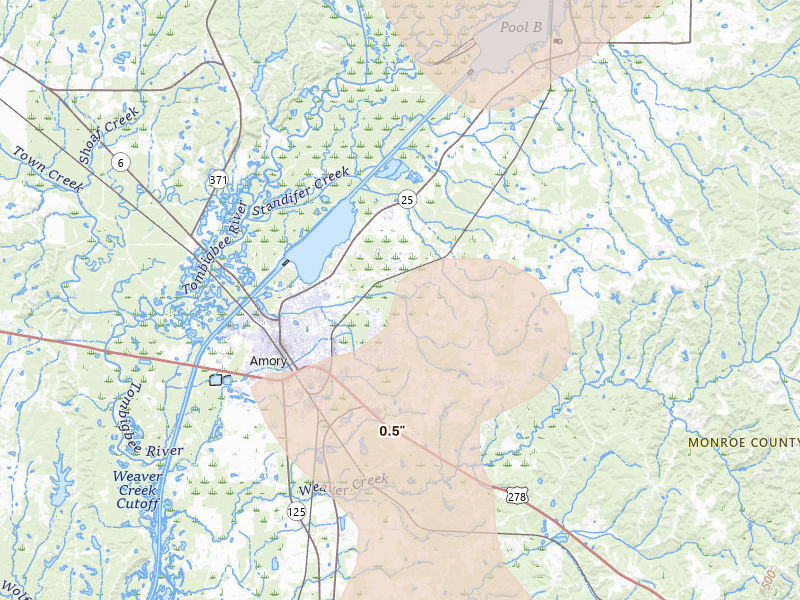 Radar-estimated hail-size map of the storm over Amory, MS on Jun 1, 2026