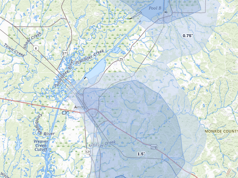 NEXRAD radar-signature map of the hail storm over Amory, MS on Jun 1, 2026