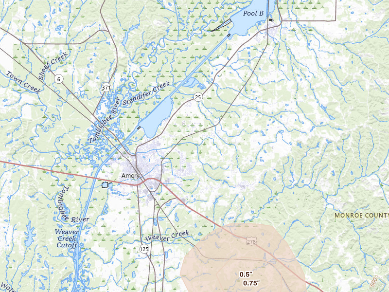 Radar-estimated hail-size map of the storm over Amory, MS on Jul 1, 2026