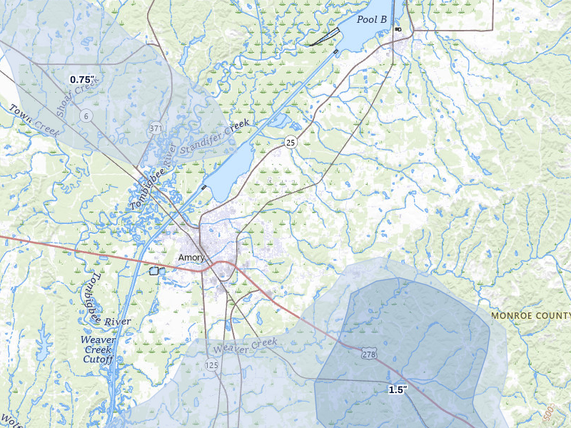 NEXRAD radar-signature map of the hail storm over Amory, MS on Jul 1, 2026