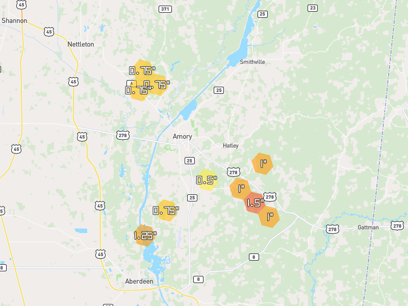 Hail map of Amory, MS on Jul 1, 2026, hail up to 1.5"