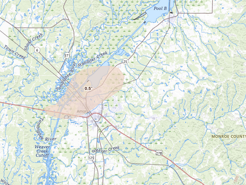 Radar-estimated hail-size map of the storm over Amory, MS on Jul 11, 2026