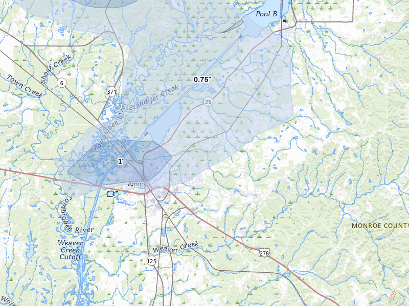 NEXRAD radar-signature map of the hail storm over Amory, MS on Jul 11, 2026