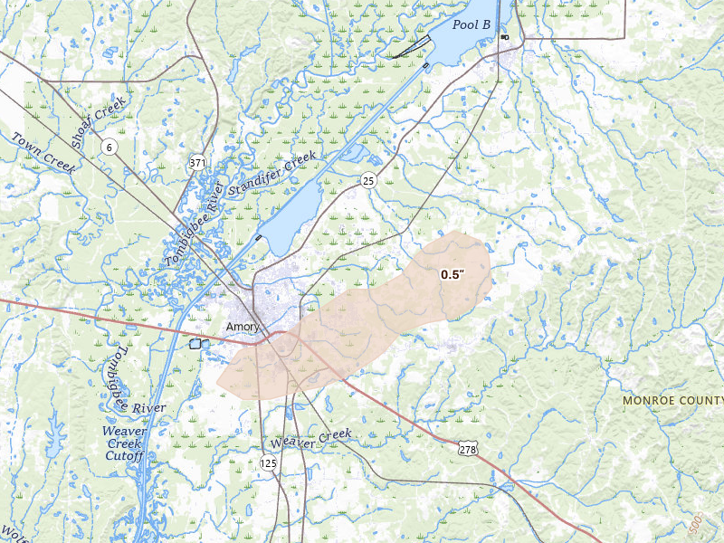 Radar-estimated hail-size map of the storm over Amory, MS on Aug 8, 2026