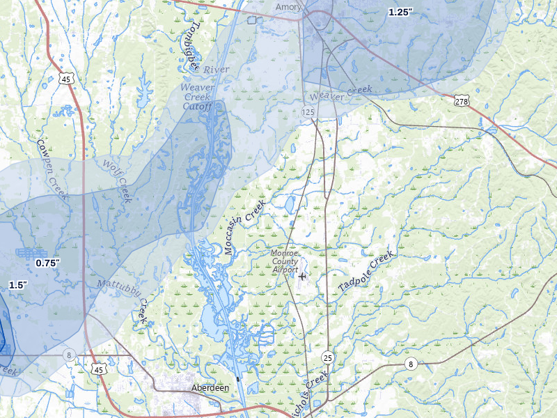 NEXRAD radar-signature map of the hail storm over Amory, MS on Aug 8, 2026