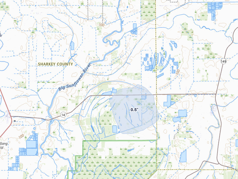 NEXRAD radar-signature map of the hail storm over Anguilla, MS on Mar 6, 2026