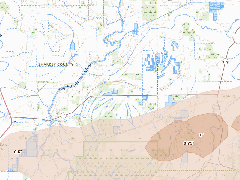 Radar-estimated hail-size map of the storm over Anguilla, MS on Jun 22, 2026
