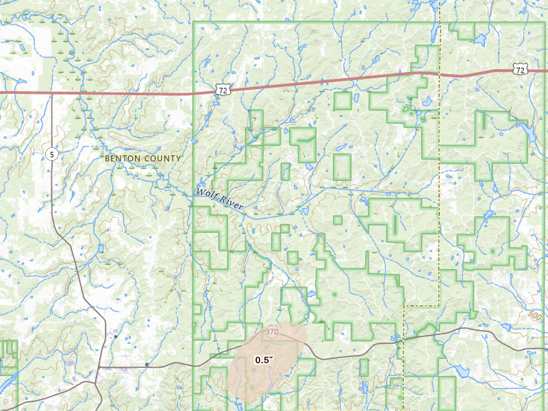 Radar-estimated hail-size map of the storm over Ashland, MS on May 23, 2026