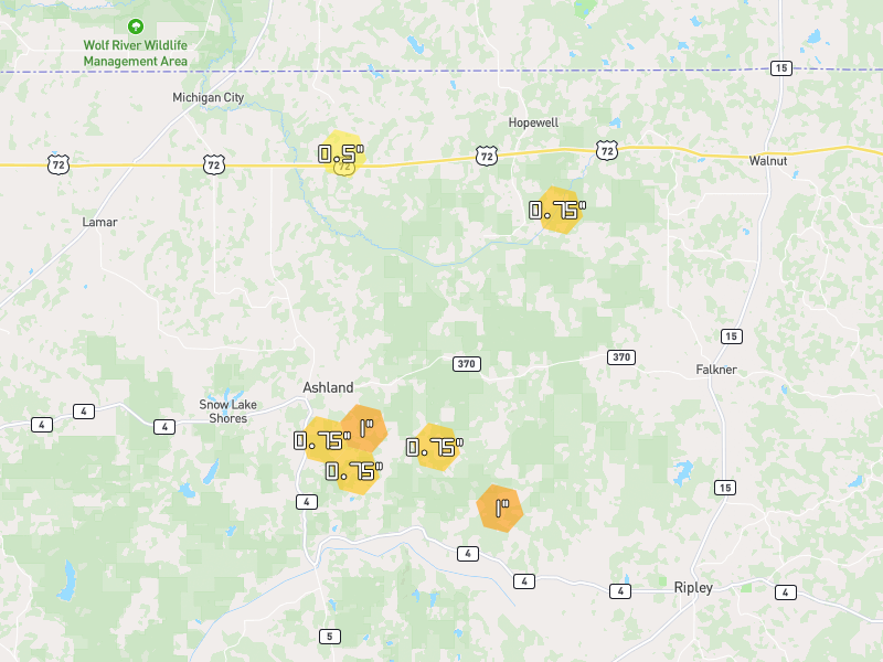 Hail map of Ashland, MS on Jul 1, 2026, hail up to 1"
