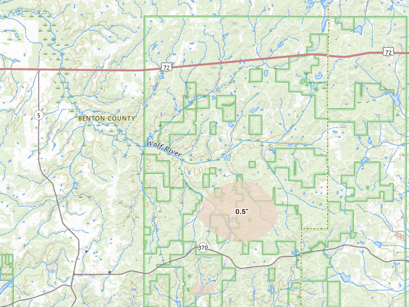 Radar-estimated hail-size map of the storm over Ashland, MS on Jul 10, 2026
